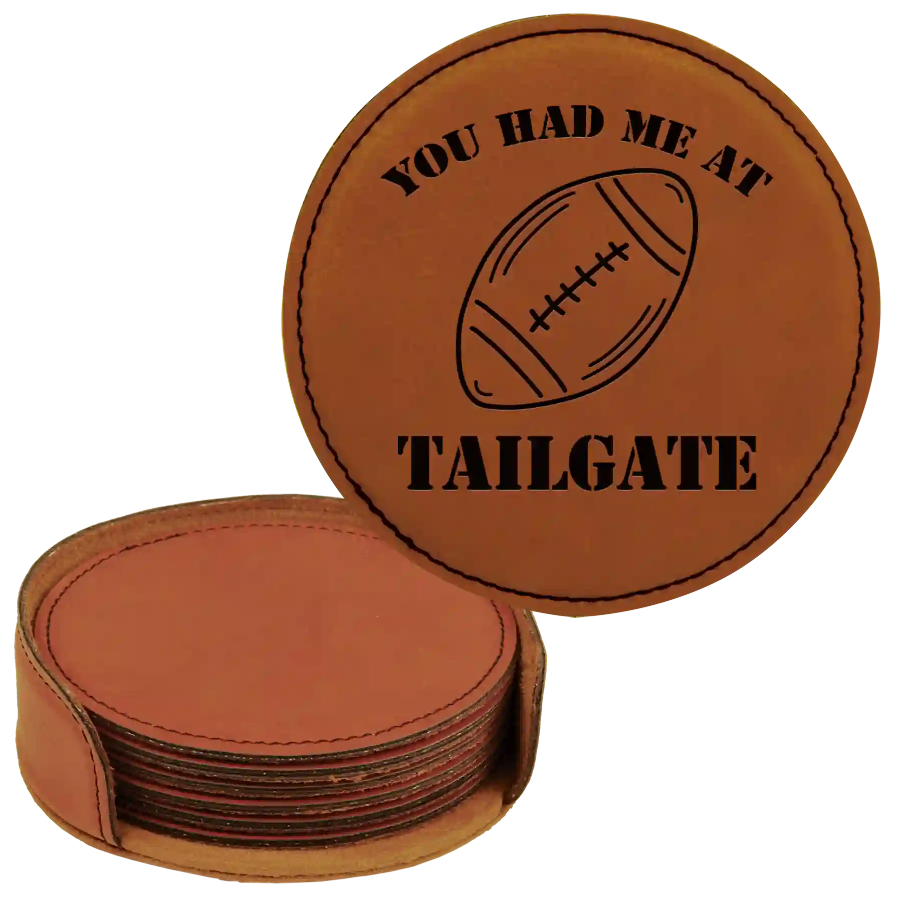 Rawhide round leatherette coasters set and holder laser etched with 'Tailgate' design