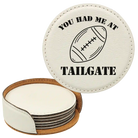 White round leatherette coasters set and holder laser etched with 'Tailgate' design