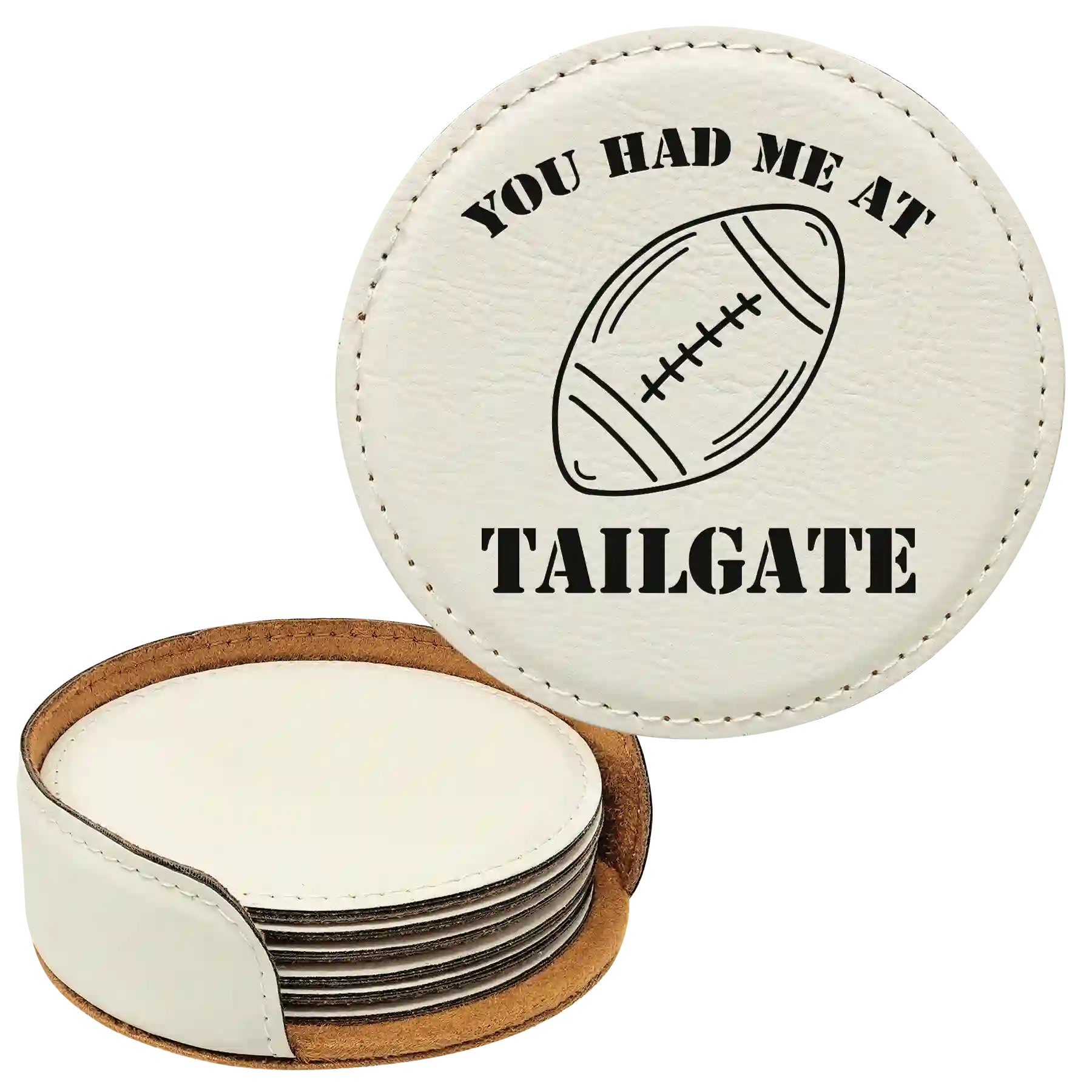 White round leatherette coasters set and holder laser etched with 'Tailgate' design