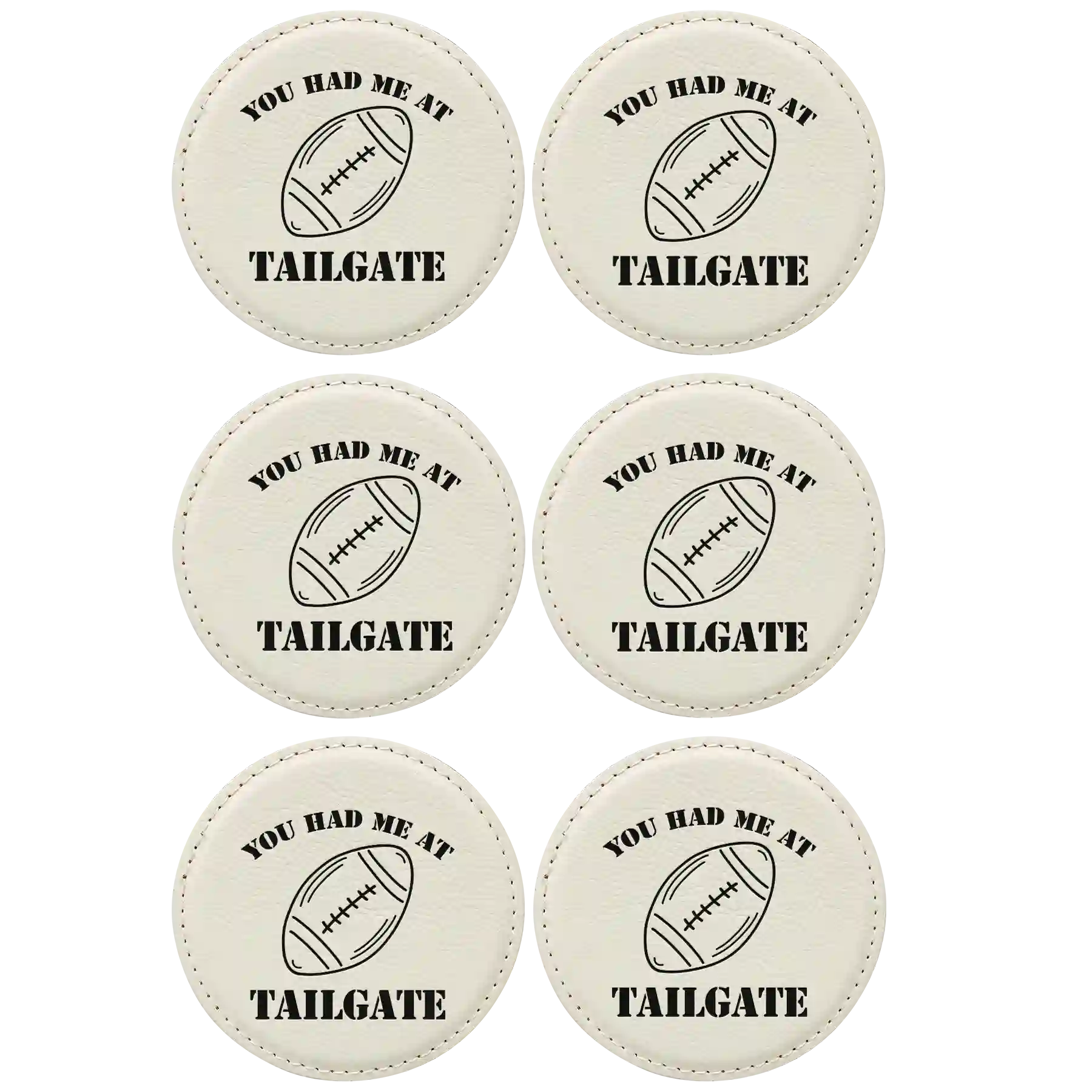 White round leatherette coasters set of 6 laser etched with 'Tailgate' designs