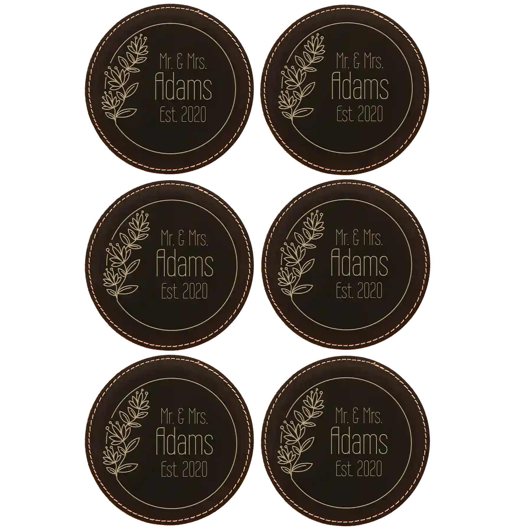 Black/Gold round leatherette coasters set of 6 with personalized 'Wedding Floral' designs