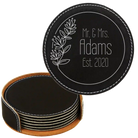 Black/Silver round leatherette coasters set and holder with personalized 'Wedding Floral' design