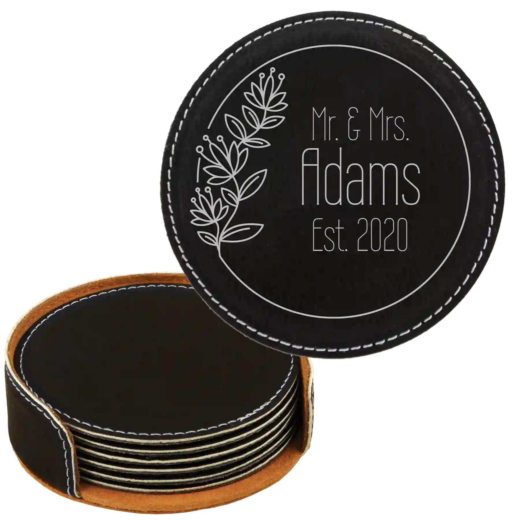 Black/Silver round leatherette coasters set and holder with personalized 'Wedding Floral' design