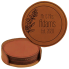 Rawhide round leatherette coasters set and holder with personalized 'Wedding Floral' design