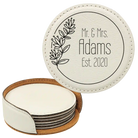 White round leatherette coasters set and holder with personalized 'Wedding Floral' design