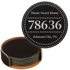 Black/Silver round leatherette coasters set and holder with personalized 'Zip Code' design