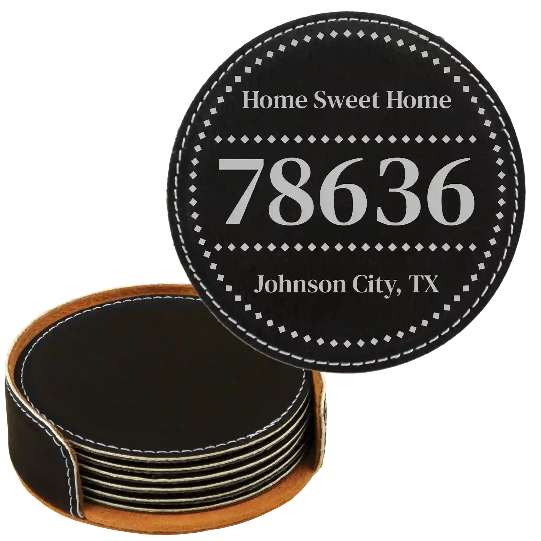 Black/Silver round leatherette coasters set and holder with personalized 'Zip Code' design