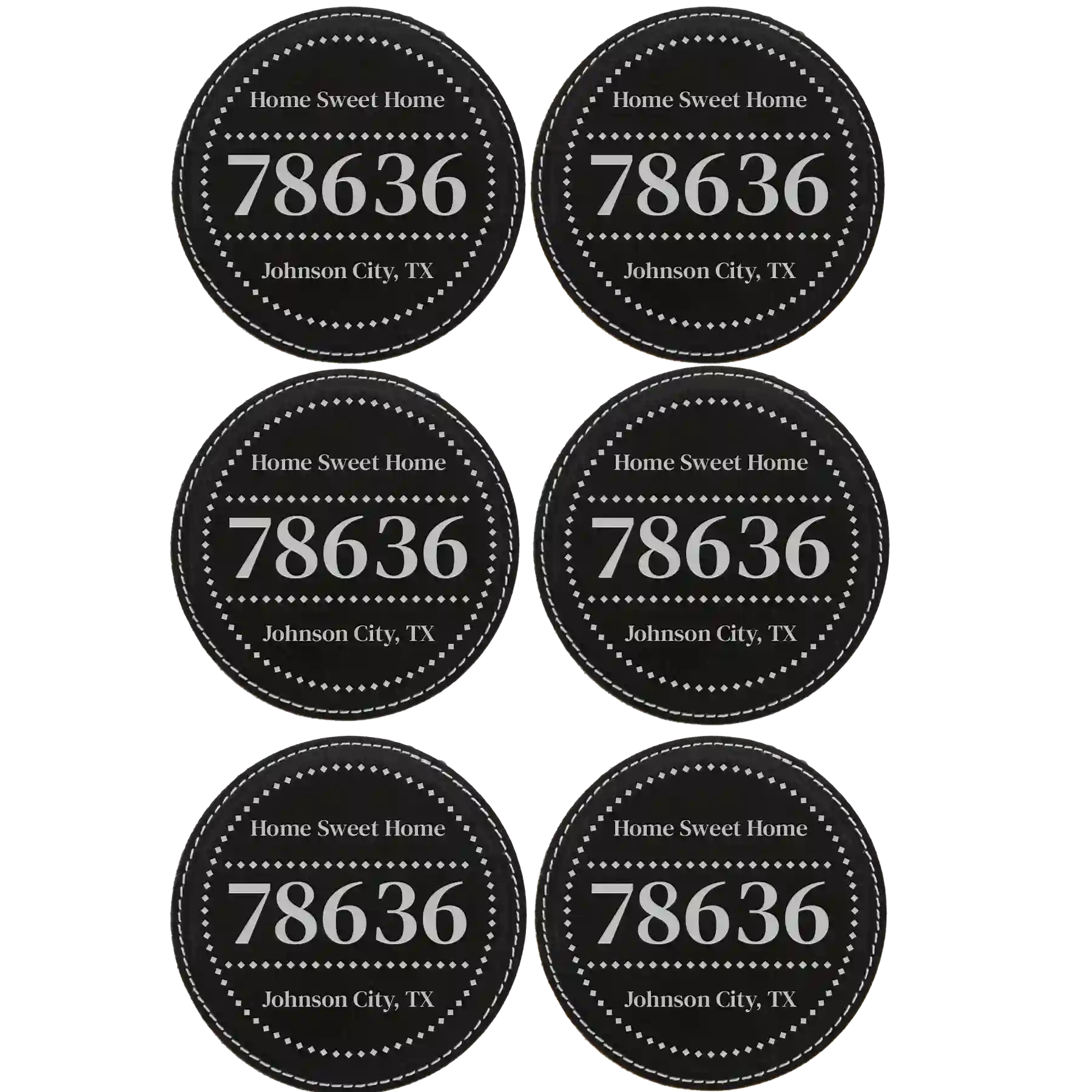 Black/Silver round leatherette coasters set of 6 with personalized 'Zip Code' designs