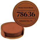 Rawhide round leatherette coasters set and holder with personalized 'Zip Code' design