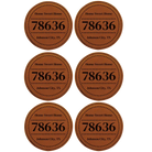 Rawhide round leatherette coasters set of 6 with personalized 'Zip Code' designs