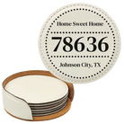 White round leatherette coasters set and holder with personalized 'Zip Code' design