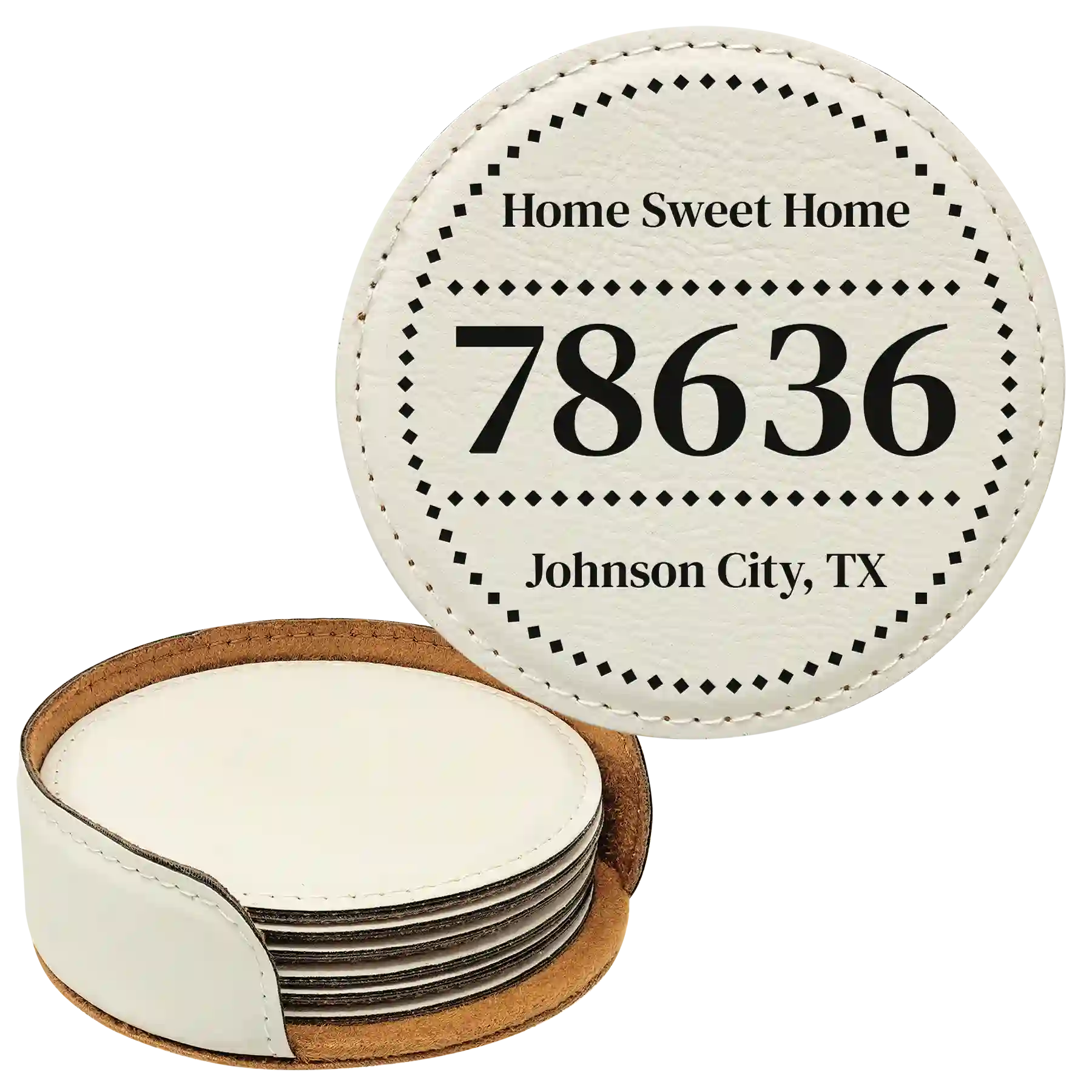 White round leatherette coasters set and holder with personalized 'Zip Code' design