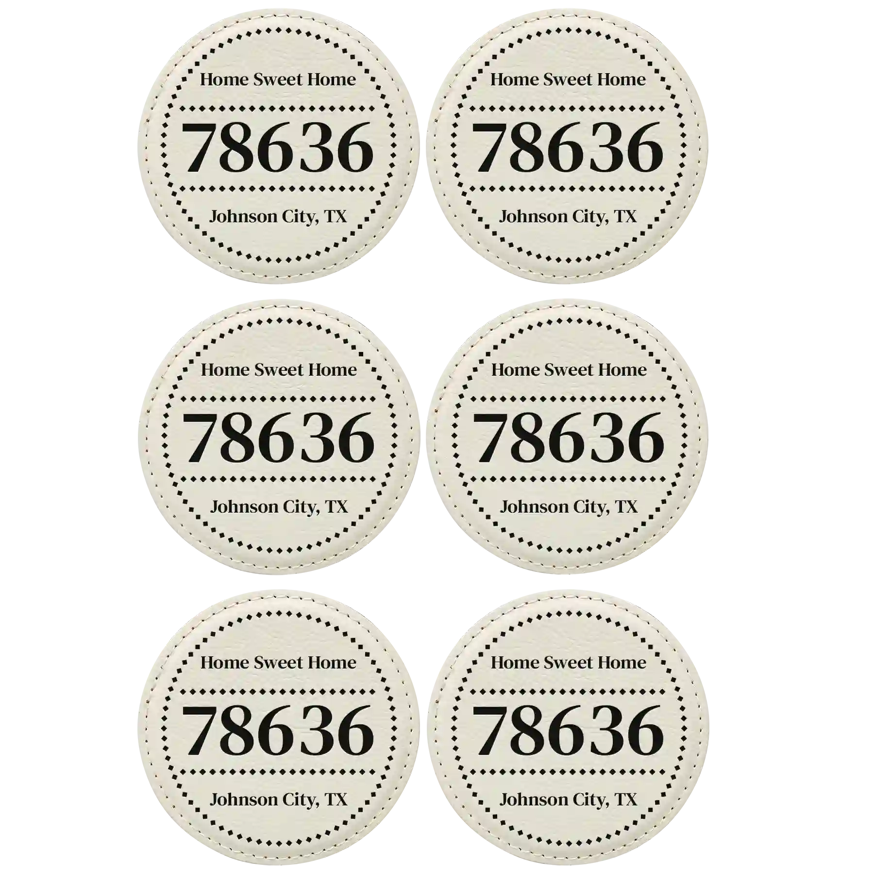White round leatherette coasters set of 6 with personalized 'Zip Code' designs
