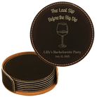 Black/Gold round leatherette coasters set and holder with personalized 'Last Sip Bachelorette' design