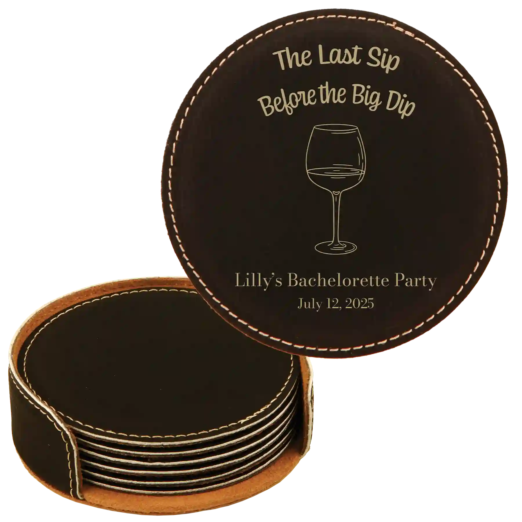 Black/Gold round leatherette coasters set and holder with personalized 'Last Sip Bachelorette' design