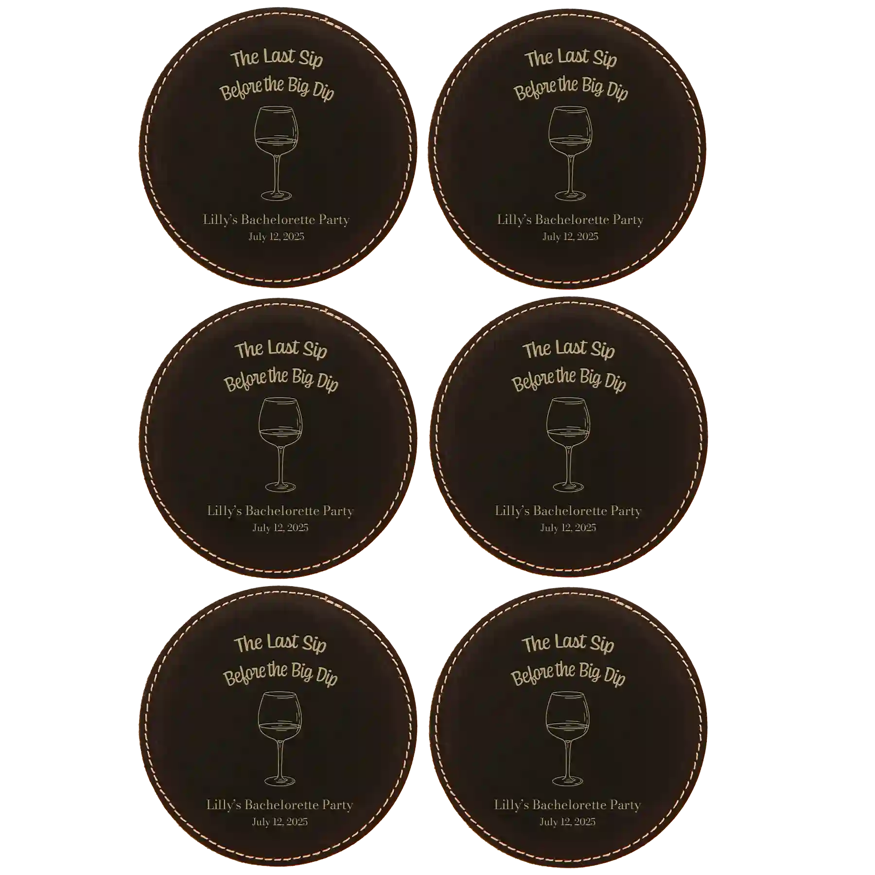 Black/Gold round leatherette coasters set of 6 with personalized 'Last Sip Bachelorette' designs