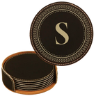 Black/Gold round leatherette coasters set and holder with personalized 'Circle Design with Initial only' design