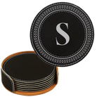 Black/Silver round leatherette coasters set and holder with personalized 'Circle Design with Initial only' design