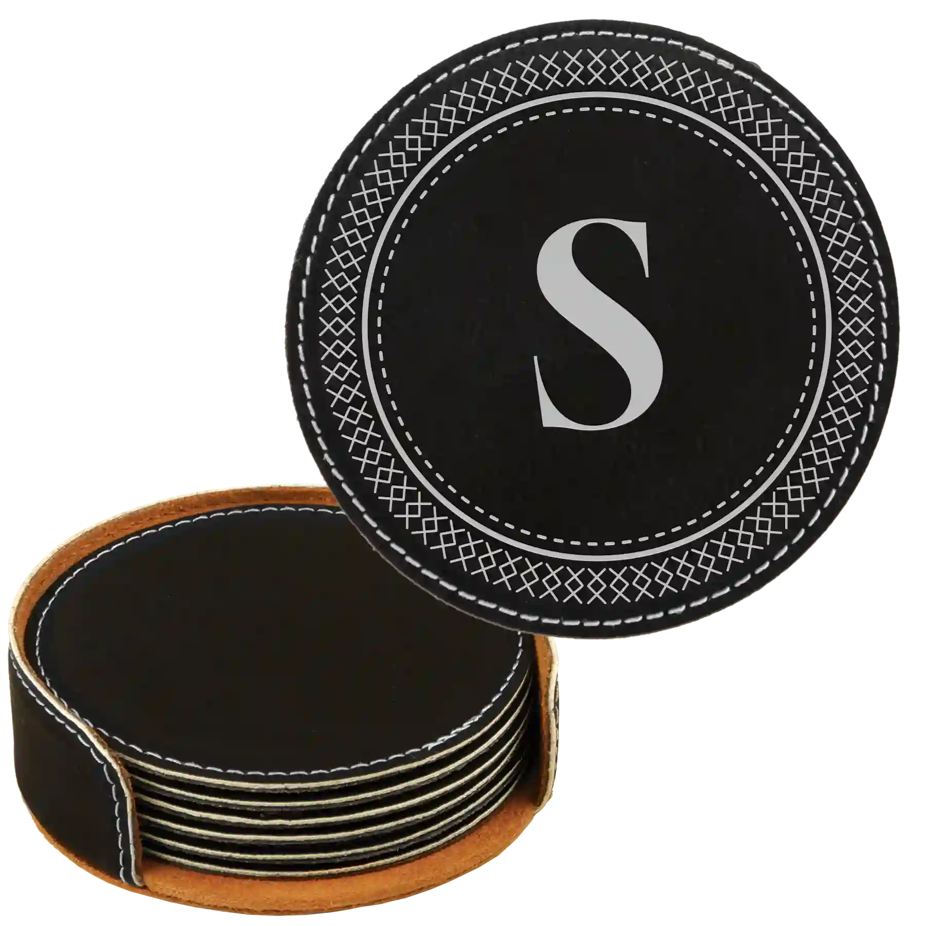 Black/Silver round leatherette coasters set and holder with personalized 'Circle Design with Initial only' design