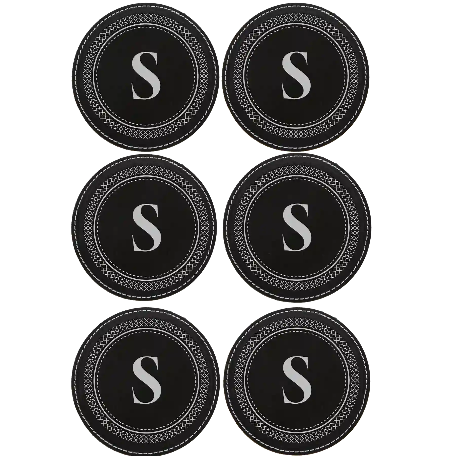 Black/Silver round leatherette coasters set of 6 with personalized 'Circle Design with Initial only' designs