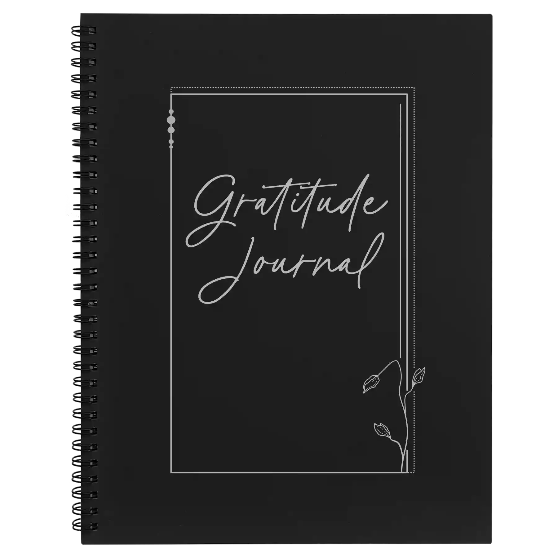 Large black spiral notebook laser etched with 'Gratitude Journal' design