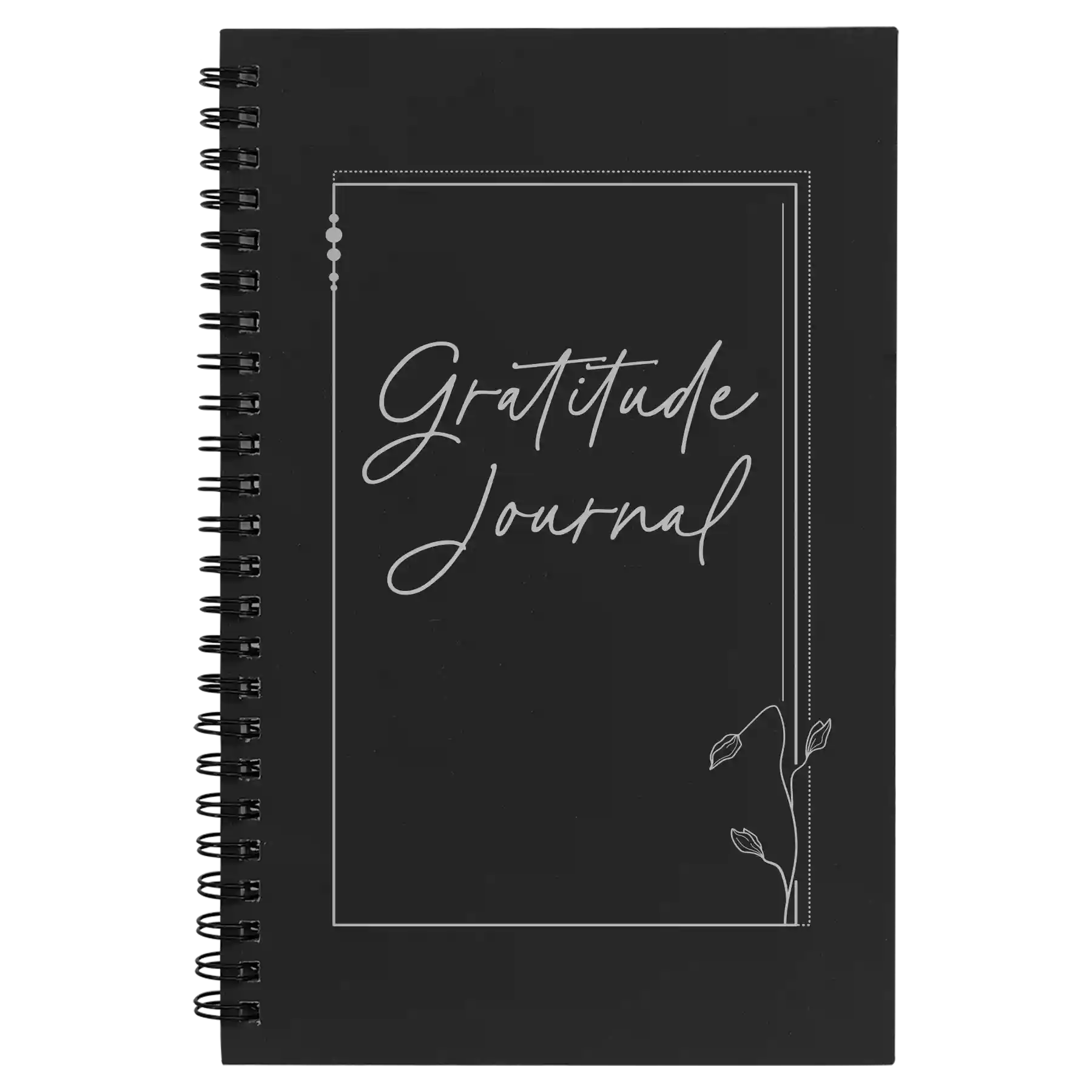 Small black spiral notebook laser etched with 'Gratitude Journal' design