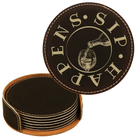 Black/Gold round leatherette coasters set and holder laser etched with 'Wine Sip Happens' design