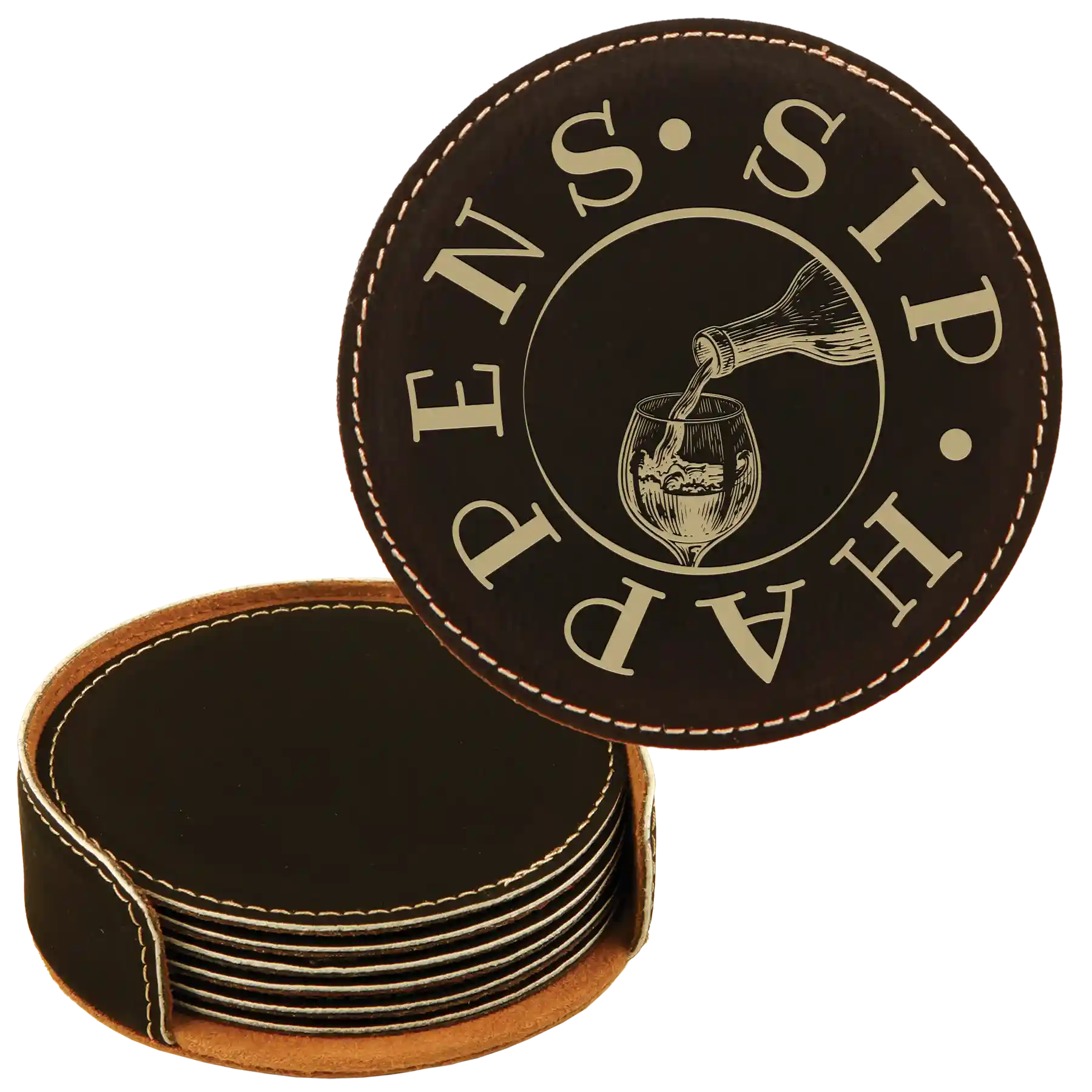 Black/Gold round leatherette coasters set and holder laser etched with 'Wine Sip Happens' design