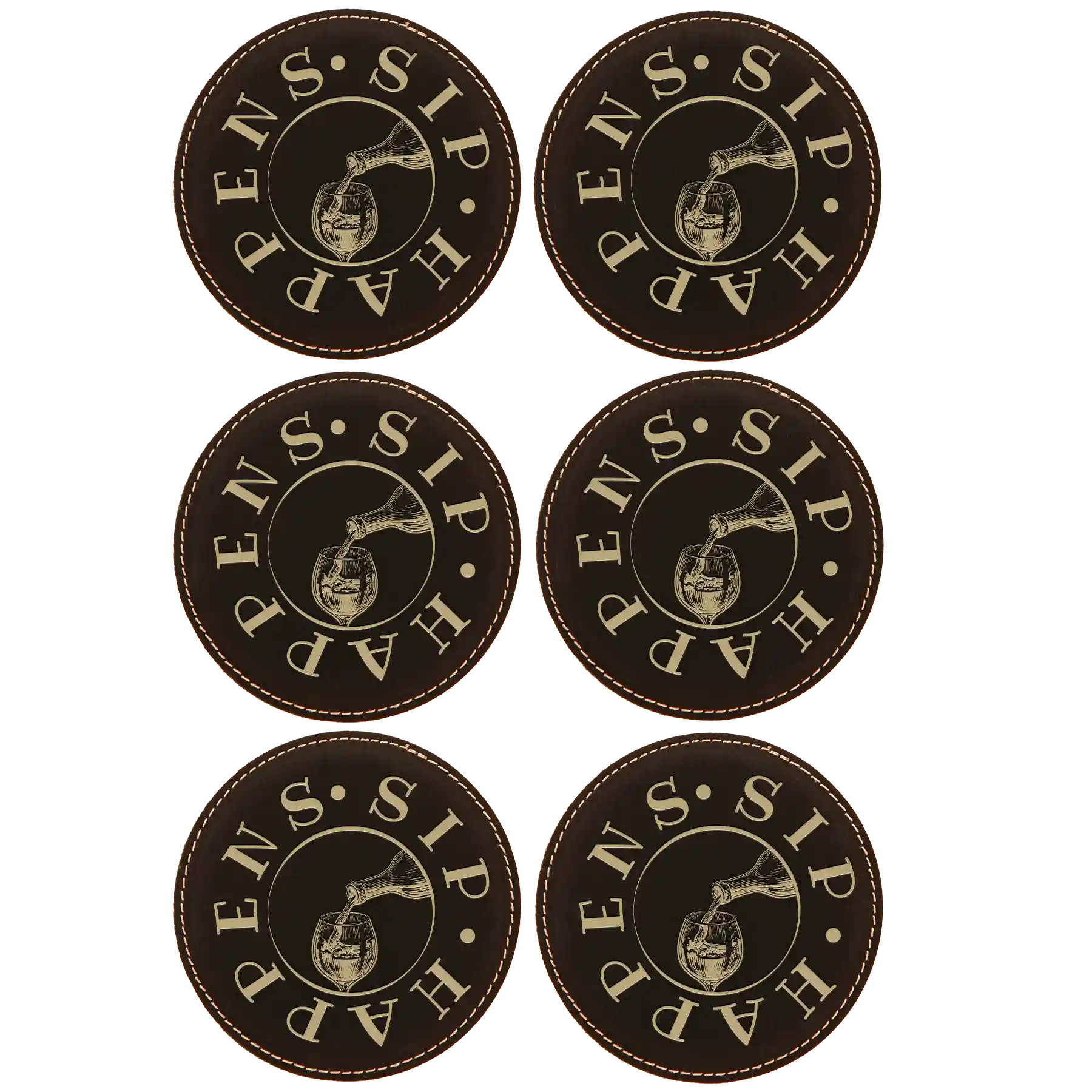 Black/Gold round leatherette coasters set of 6 laser etched with 'Wine Sip Happens' designs