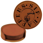 Rawhide round leatherette coasters set and holder laser etched with 'Wine Sip Happens' design