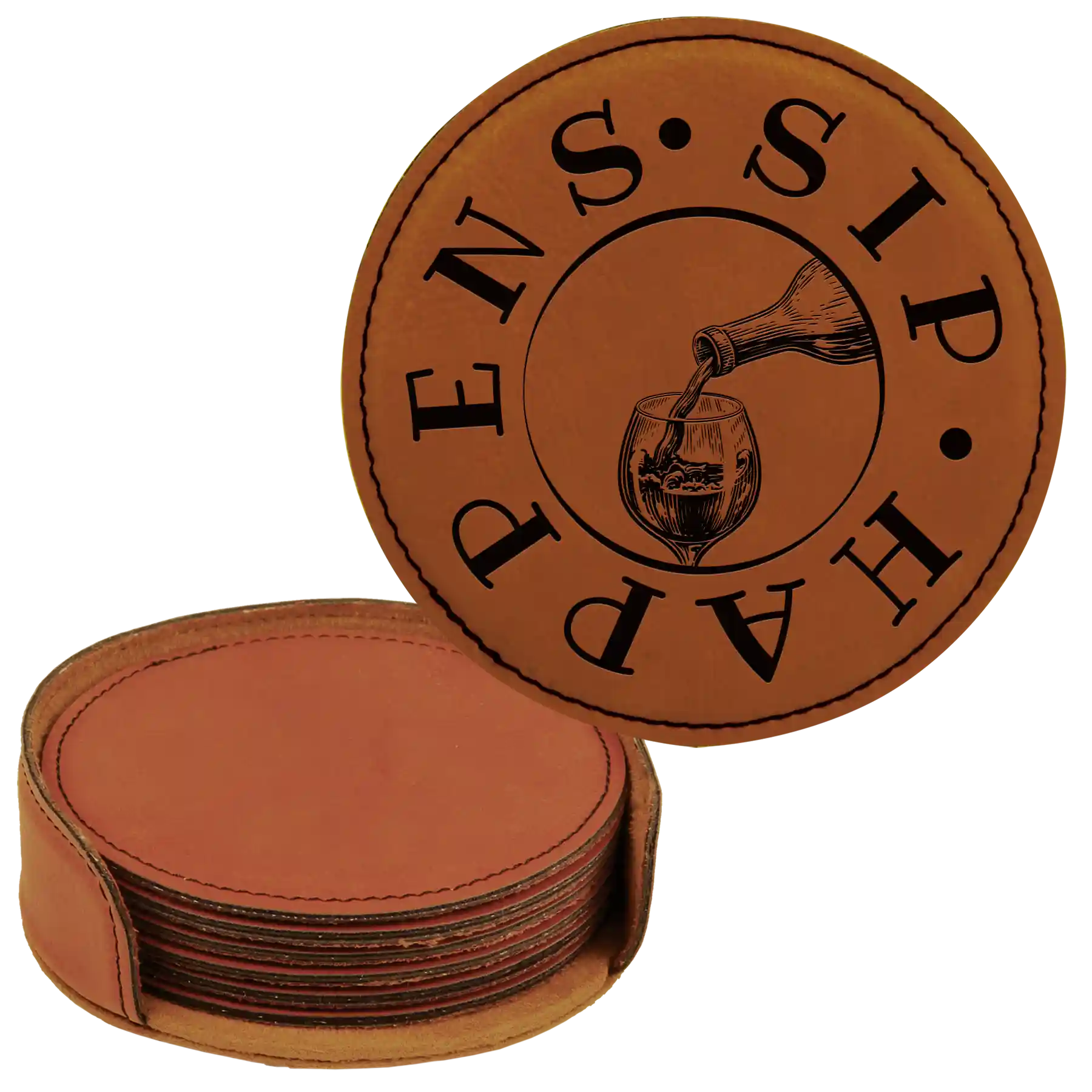Rawhide round leatherette coasters set and holder laser etched with 'Wine Sip Happens' design