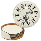 White round leatherette coasters set and holder laser etched with 'Wine Sip Happens' design