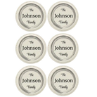 White round leatherette coasters set of 6 with personalized 'The Your Text Here Family' designs