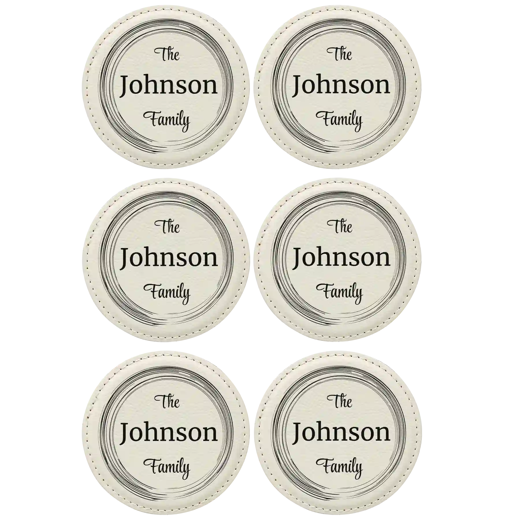 White round leatherette coasters set of 6 with personalized 'The Your Text Here Family' designs