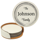 White round leatherette coasters set and holder with personalized 'The Your Text Here Family' design