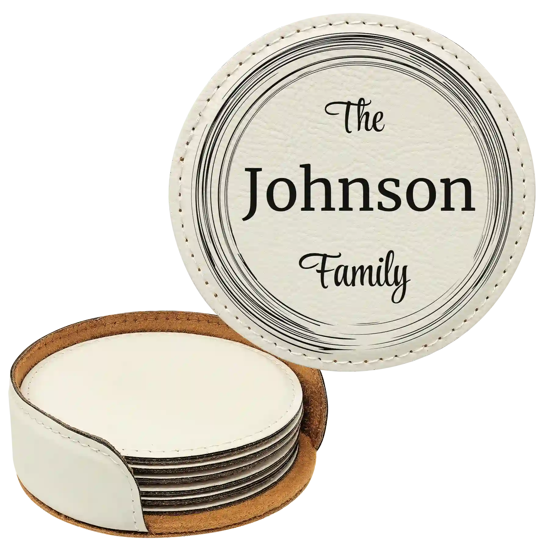 White round leatherette coasters set and holder with personalized 'The Your Text Here Family' design
