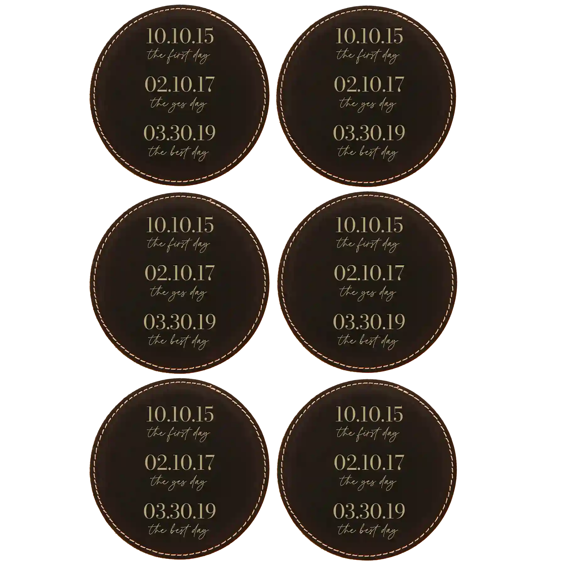 Black/Gold round leatherette coasters set of 6 with personalized 'The Best Day' designs