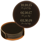 Black/Gold round leatherette coasters set and holder with personalized 'The Best Day' design