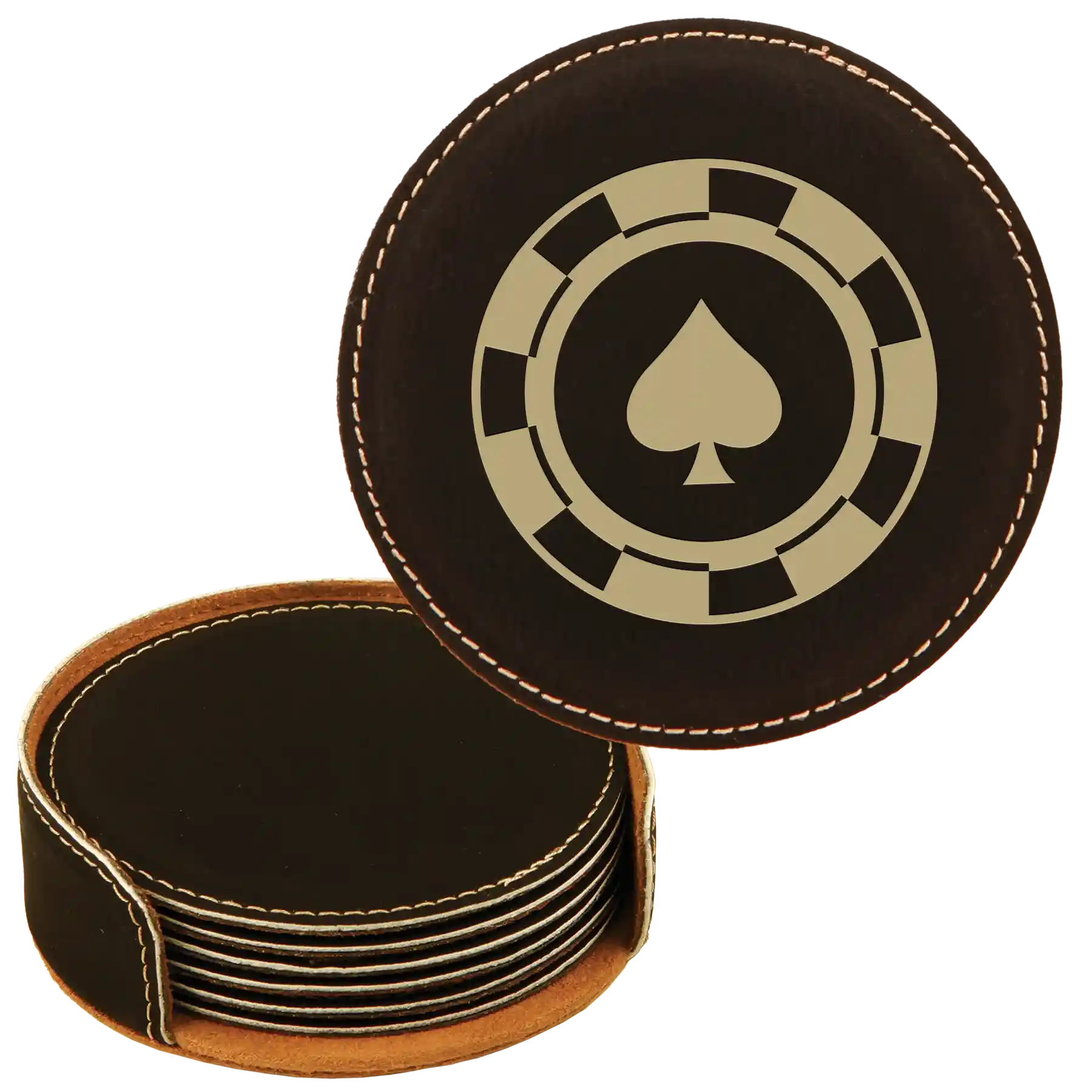 Black/Gold round leatherette coasters set and holder laser etched with 'Poker Chips' design