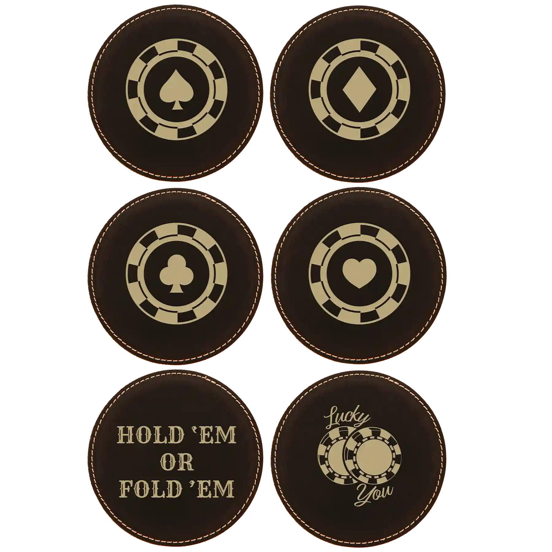 Black/Gold round leatherette coasters set of 6 laser etched with 'Poker Chips' designs