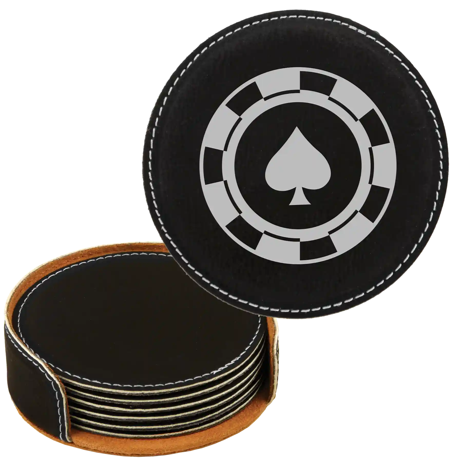 Black/Silver round leatherette coasters set and holder laser etched with 'Poker Chips' design