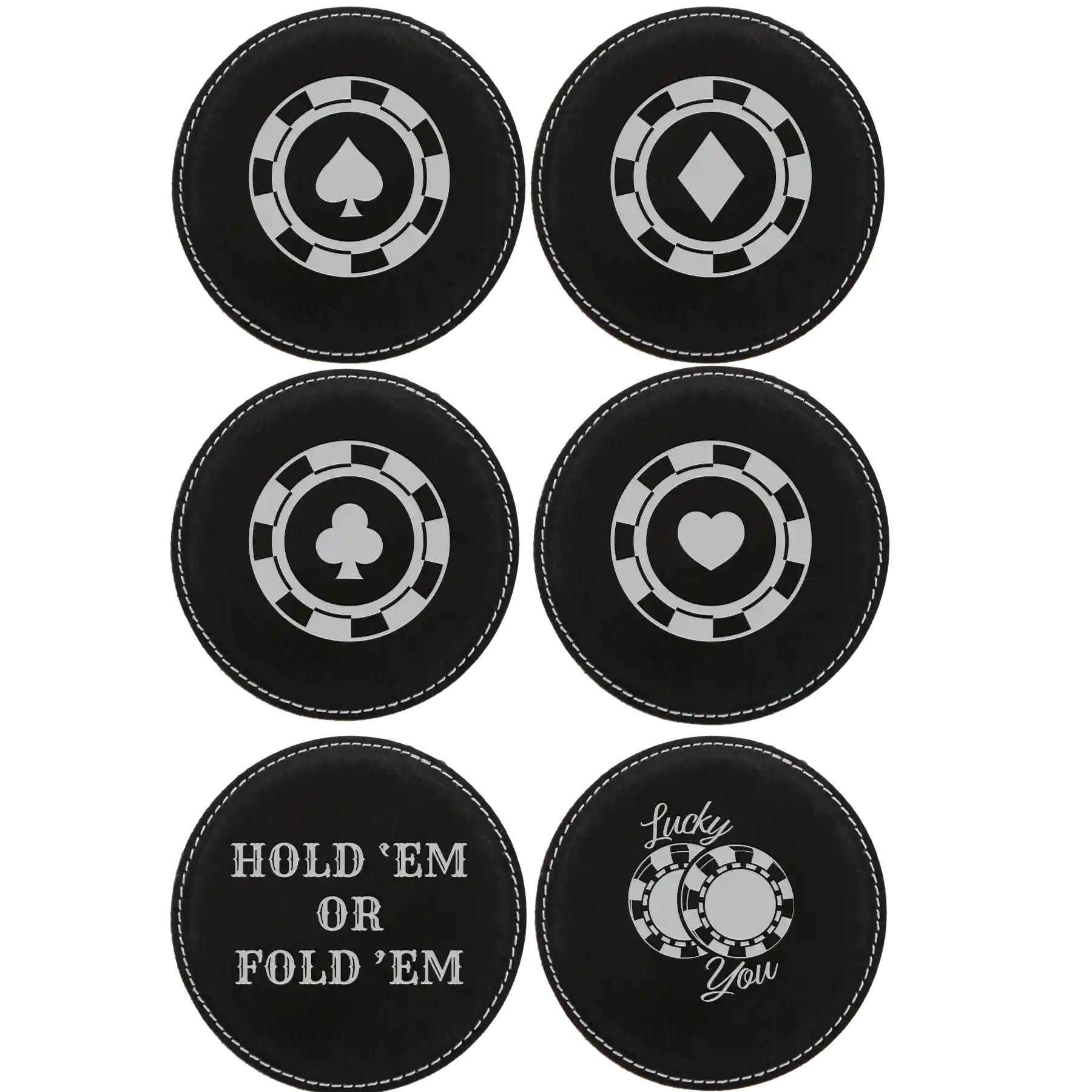 Black/Silver round leatherette coasters set of 6 laser etched with 'Poker Chips' designs