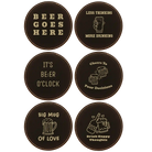 Black/Gold round leatherette coasters set of 6 laser etched with 'Beer Themed' designs