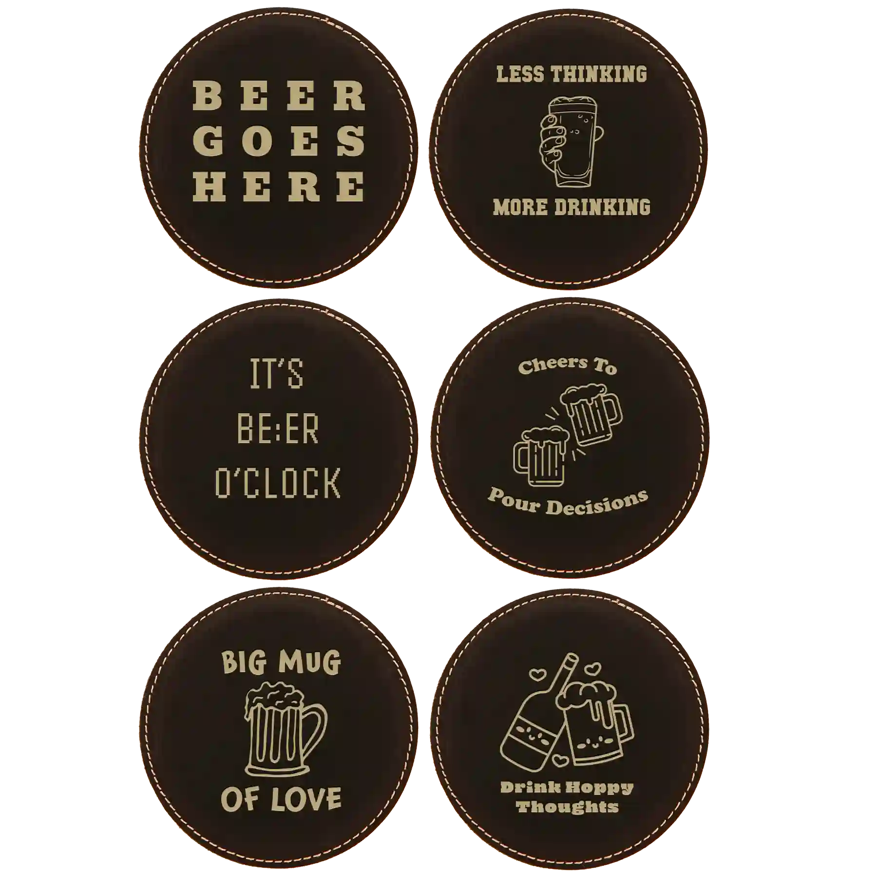 Black/Gold round leatherette coasters set of 6 laser etched with 'Beer Themed' designs