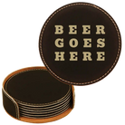 Black/Gold round leatherette coasters set and holder laser etched with 'Beer Themed' design