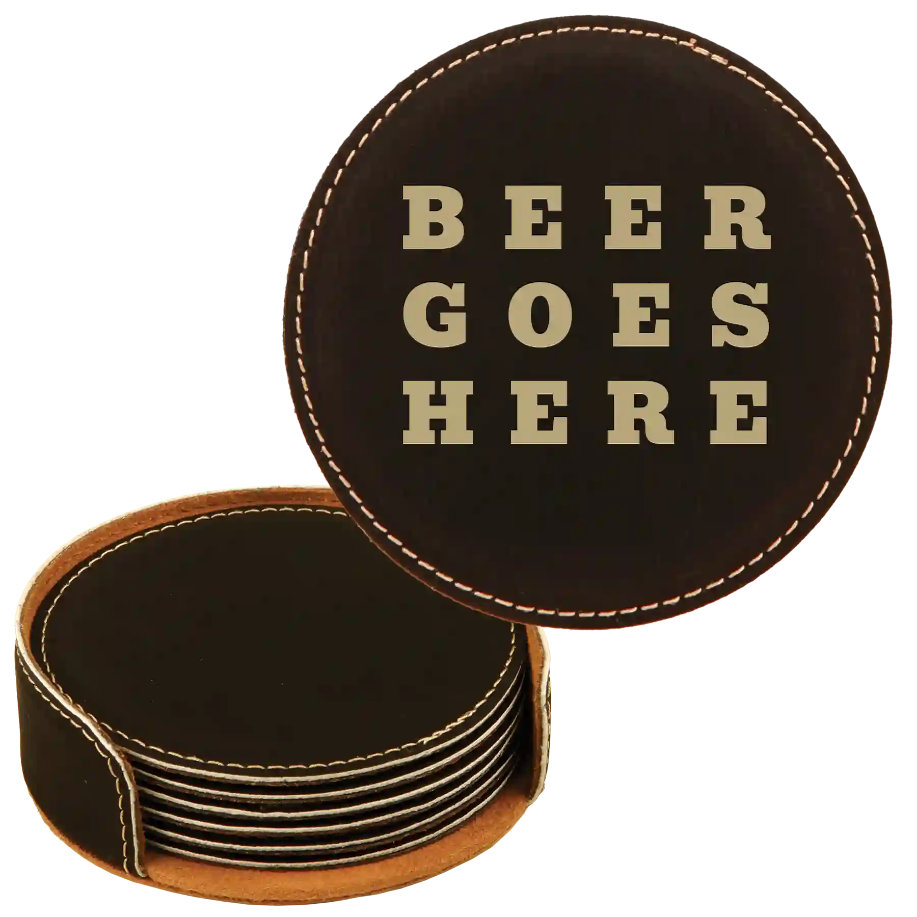 Black/Gold round leatherette coasters set and holder laser etched with 'Beer Themed' design