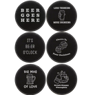 Black/Silver round leatherette coasters set of 6 laser etched with 'Beer Themed' designs