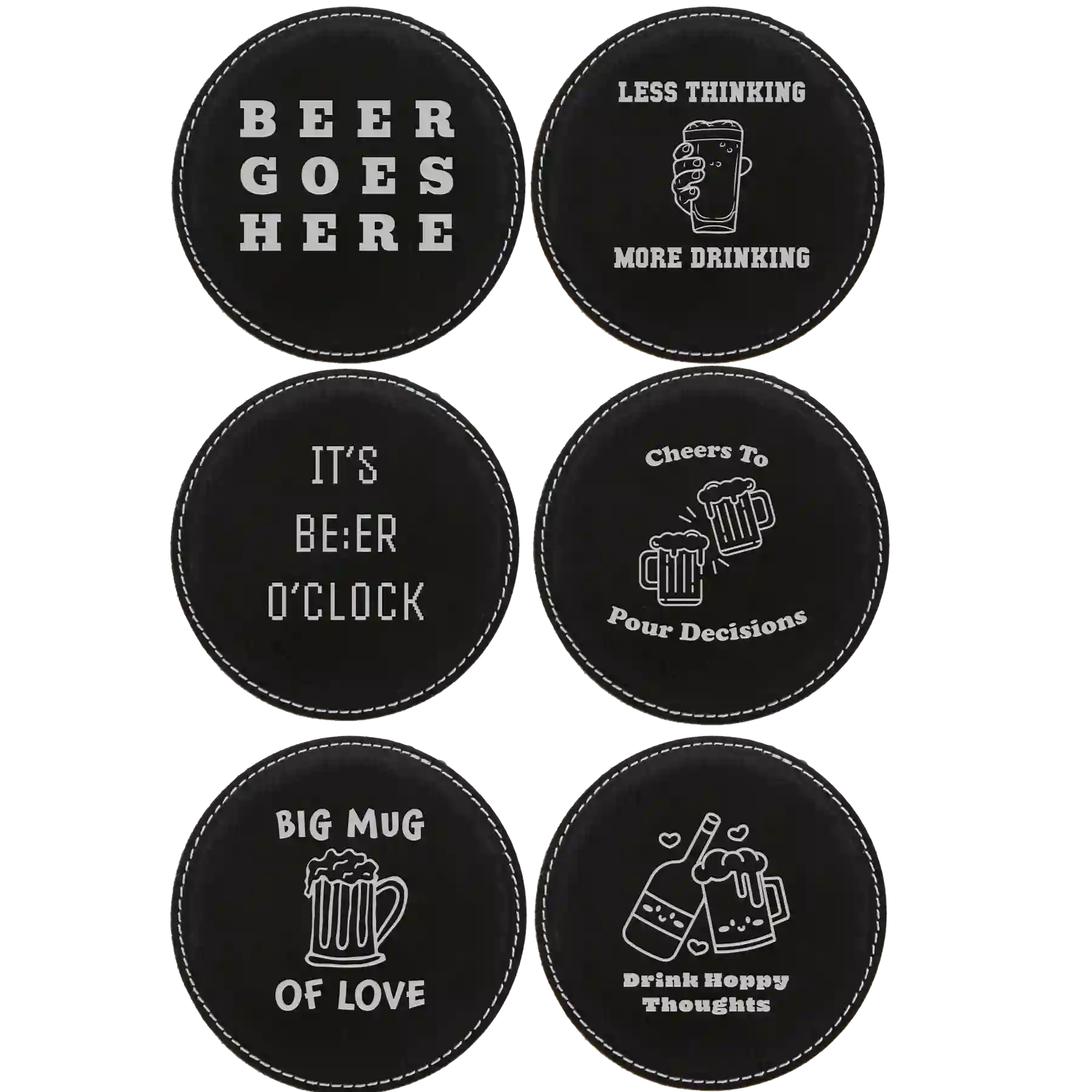 Black/Silver round leatherette coasters set of 6 laser etched with 'Beer Themed' designs