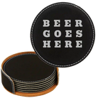 Black/Silver round leatherette coasters set and holder laser etched with 'Beer Themed' design