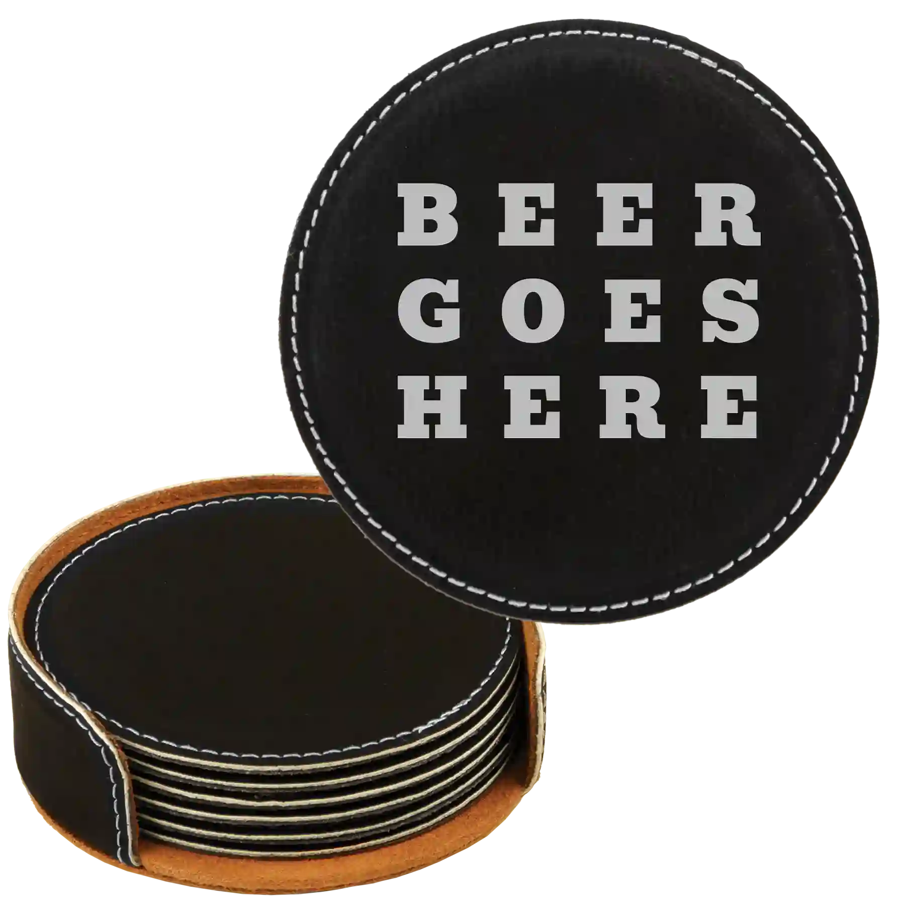 Black/Silver round leatherette coasters set and holder laser etched with 'Beer Themed' design